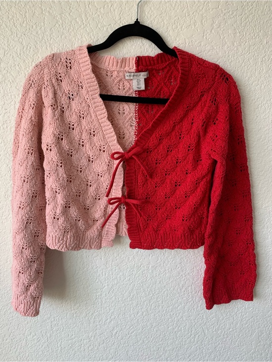 Sincerly Jules Sweaters - Sincerly Jules Pink & Red Tie-Front Eyelet Knit Cardigan